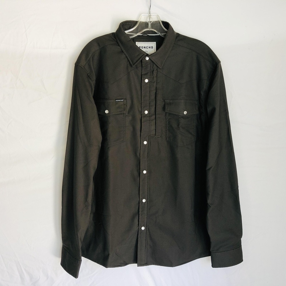 Poncho Shirt Mens Large Grey Polyester Stretch Snap Front Long Sleeve Flannel